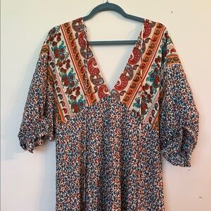 Boho Floral V-Neck Dress in Blue and Rust